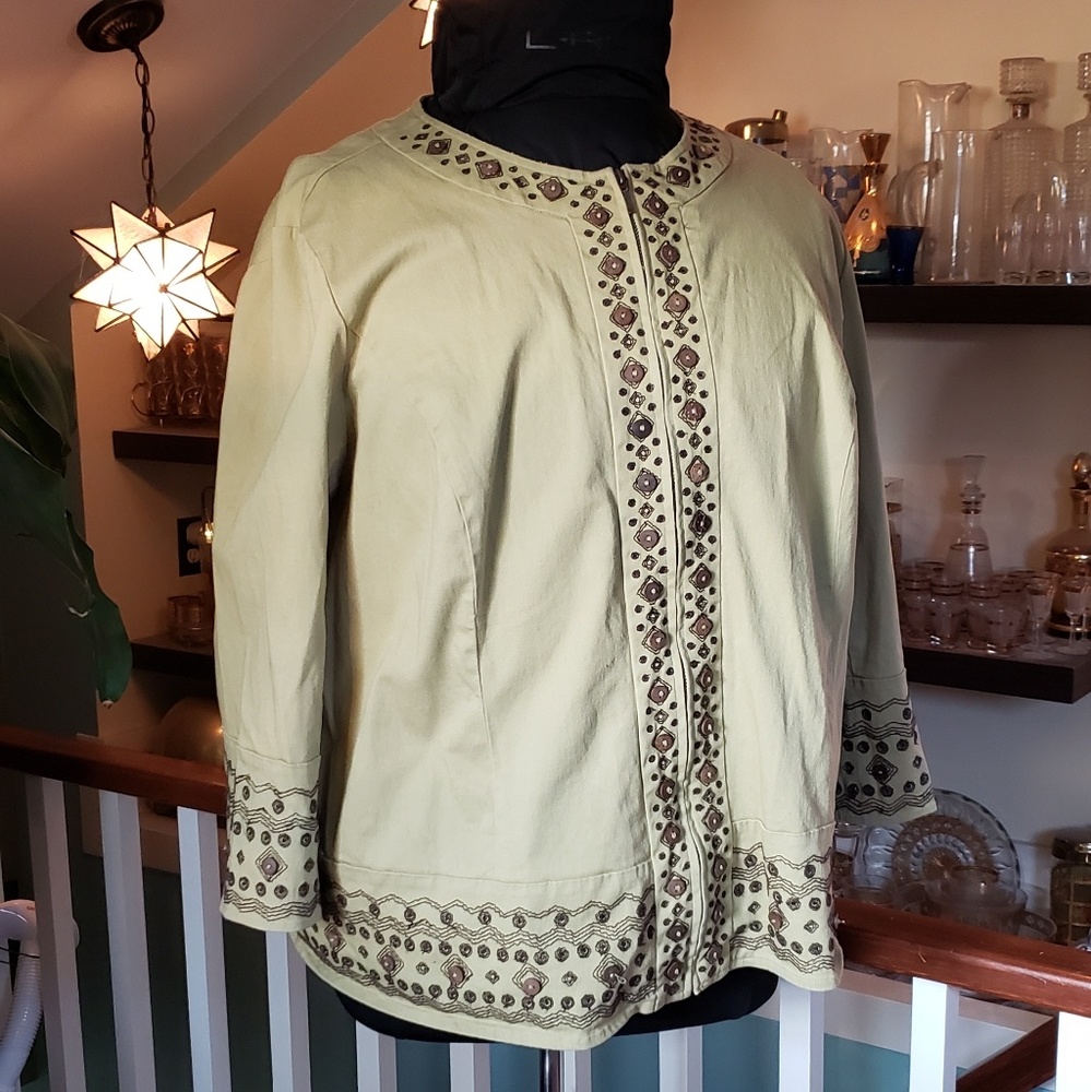 JM Collection Womens Beaded Light Green Zipper Top Jacket